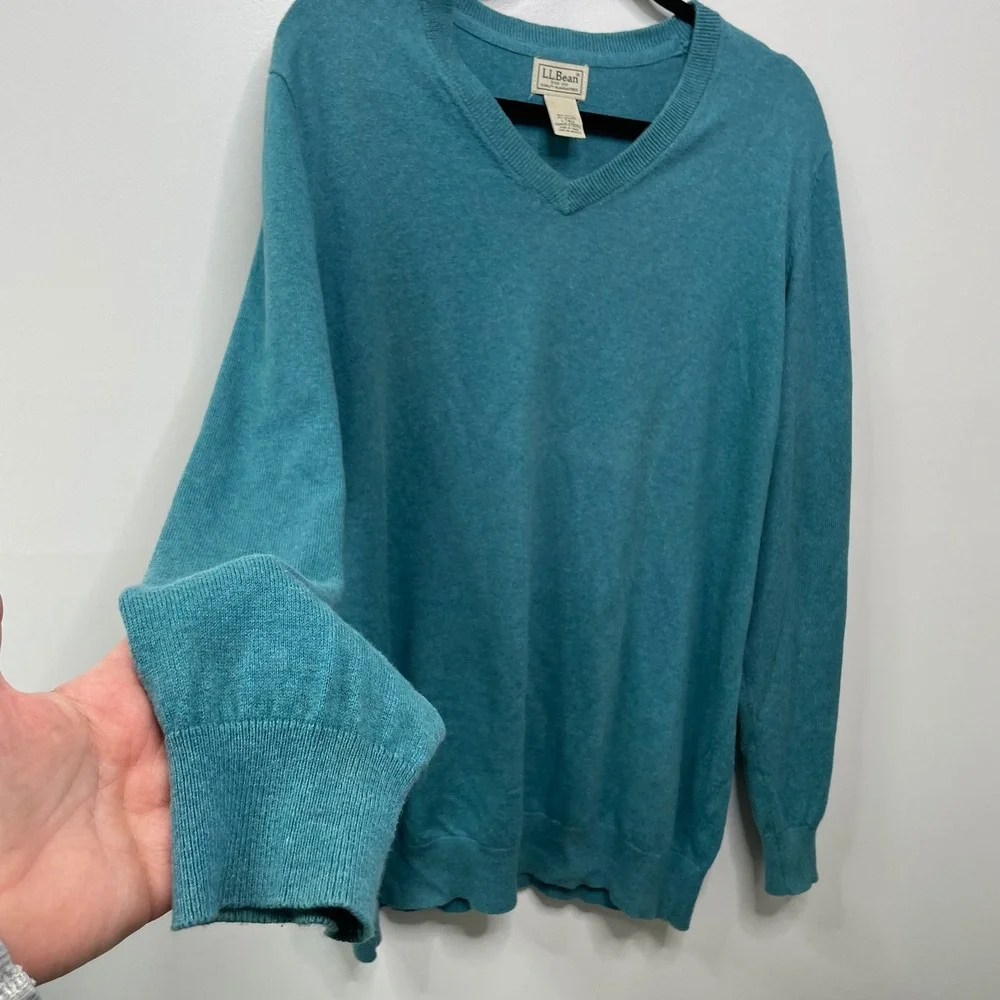 LL Bean Mens V-Neck Sweater Teal Blue Cotton Cashmere Blend L-Tall Preppy Gorp